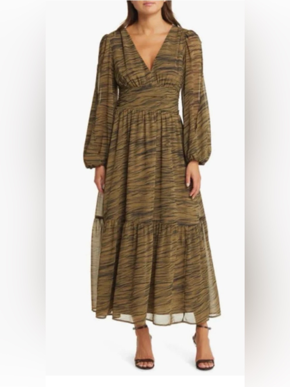 Chelsea28 Split Long Sleeve Tiered Dress in Olive- Black Geode Stripe Sz:XL $119
